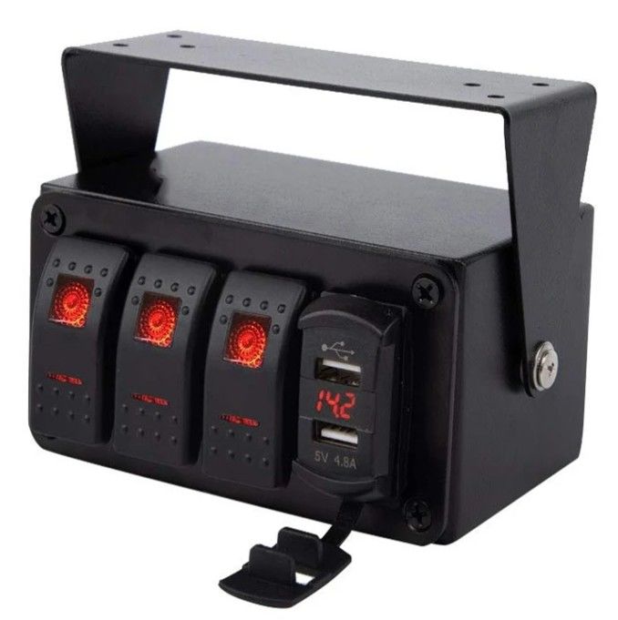 DC12V 24V 3 Gang Rot LED-Licht-Rocker Schalter-Panel-Box mit Dual 4.8A USB-Ladegerät Voltmeter für Auto Marine Lastwagen Boote