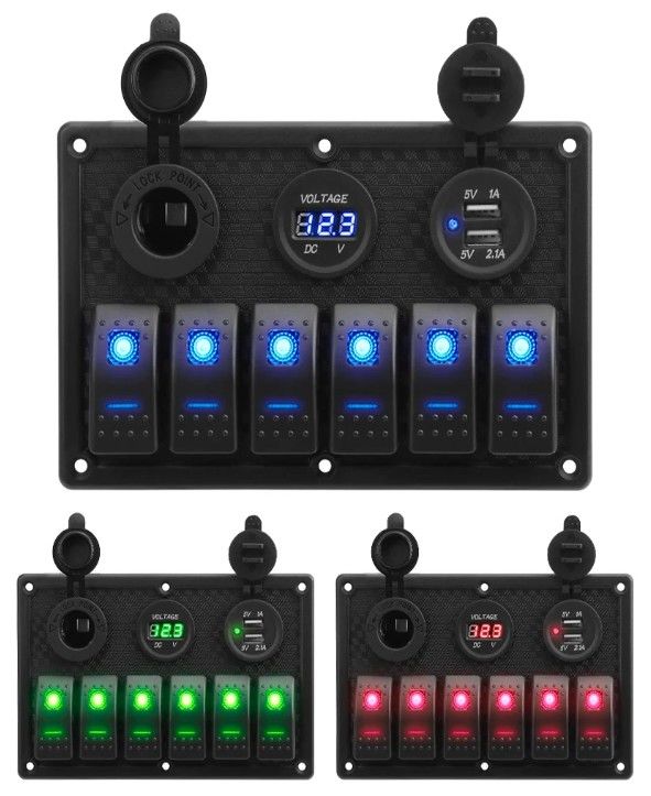Wasserdichtes Marine Boot Rocker Schalter Panel 6 Gang Mit Dual USB Steckdose 3.1A Volt Meter Blaue LED-Licht