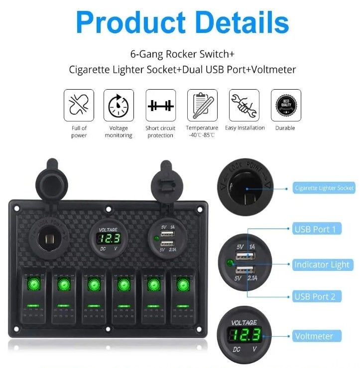 Wasserdichtes Marine Boot Rocker Schalter Panel 6 Gang Mit Dual USB Steckdose 3.1A Volt Meter Blaue LED-Licht