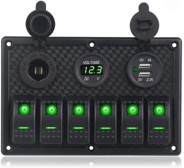 Wasserdichtes Marine Boot Rocker Schalter Panel 6 Gang Mit Dual USB Steckdose 3.1A Volt Meter Blaue LED-Licht