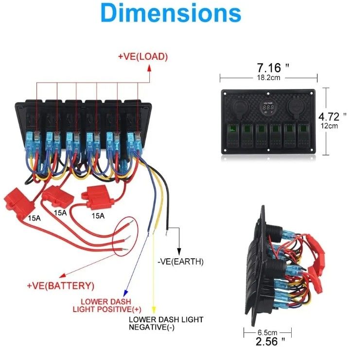 Wasserdichtes Marine Boot Rocker Schalter Panel 6 Gang Mit Dual USB Steckdose 3.1A Volt Meter Blaue LED-Licht
