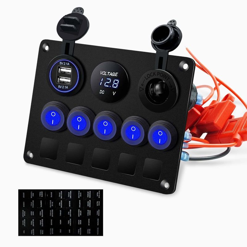5 Gang Wasserdichtes Rocker-Schalter-Panel mit Dual-USB-Steckdose mit blauen LED-Leuchten