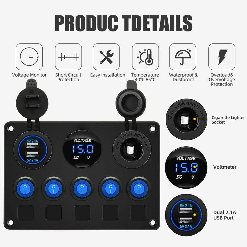 5 Gang Wasserdichtes Rocker-Schalter-Panel mit Dual-USB-Steckdose mit blauen LED-Leuchten