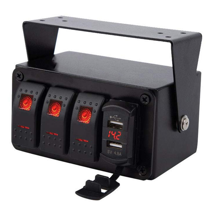 DC12V 24V 3 Gang Rot LED Licht Rocker Schalter Panel Box mit Dual 4.8A USB-Ladegerät