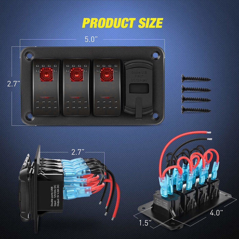 DC12V 24V 3 Gang Rot LED Licht Rocker Schalter Panel Box mit Dual 4.8A USB-Ladegerät