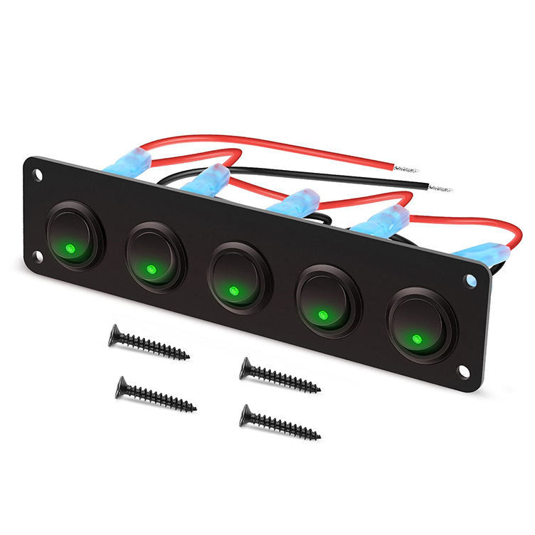 5 Gang Rocker Schalter Panel 20A 3 Pin On Off 12V Grün Schalter Schalter für Autos Lastwagen Boote