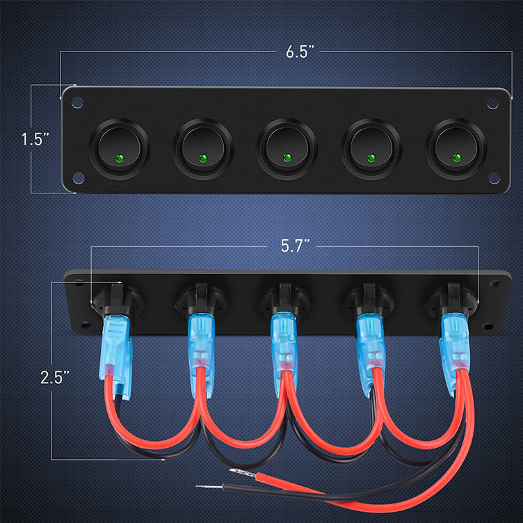 5 Gang Rocker Schalter Panel 20A 3 Pin On Off 12V Grün Schalter Schalter für Autos Lastwagen Boote